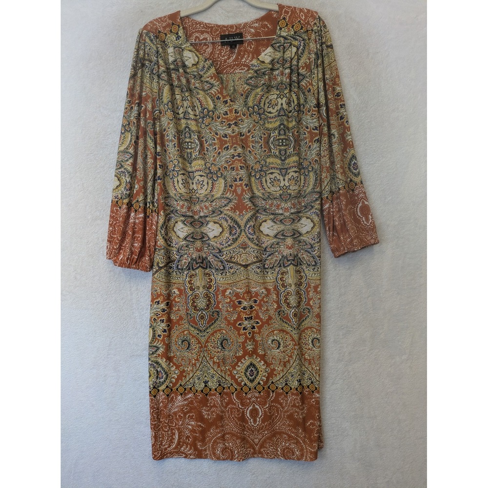 AUW Sheath Dress Women's 10 Orange Paisley V-Neck 3/4 Balloon Sleeve